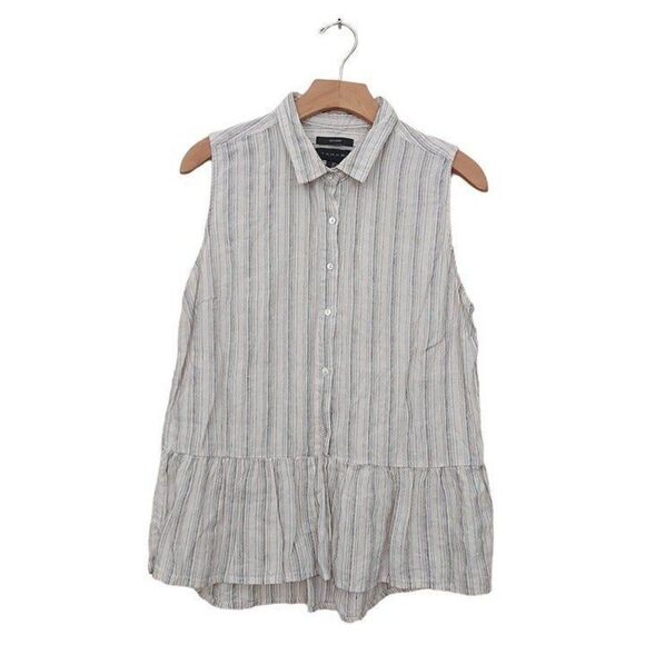 Tahari Linen Top Womens Large Sand Striped Shell Button Linen Minimalist Beach - Picture 1 of 10
